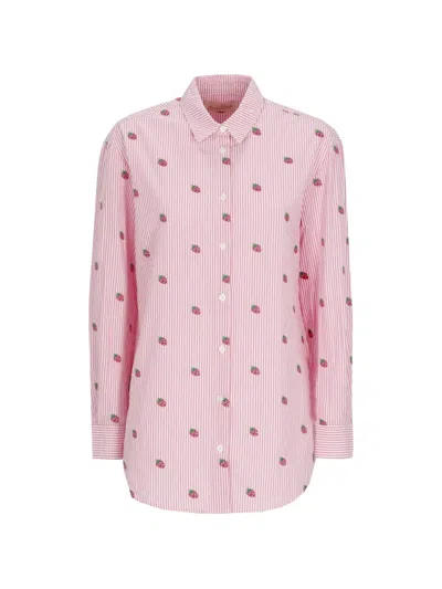 Mc2 Saint Barth Brigitte Strawberry-embroidered Striped Shirt In Pink