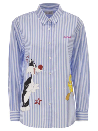 Mc2 Saint Barth Brigitte Striped Cotton Shirt With Looney Tunes Print In Blue