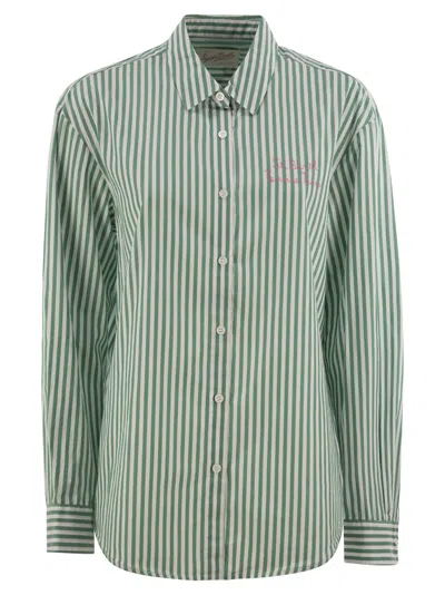 Mc2 Saint Barth Aqua Green Striped Shirt With Embroidered Details