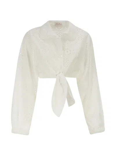 Mc2 Saint Barth Broderie Anglaise Tie-front Shirt In White