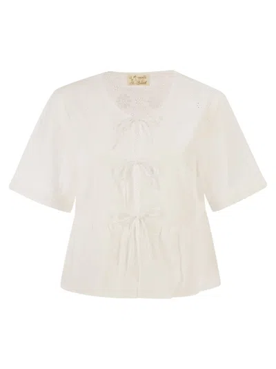 Mc2 Saint Barth Broderie Anglaise Top With Bow Fastenings In Neutral
