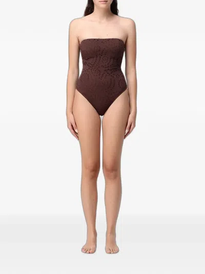 Mc2 Saint Barth Broderie-anglaise Strapless Swimsuit In Brown