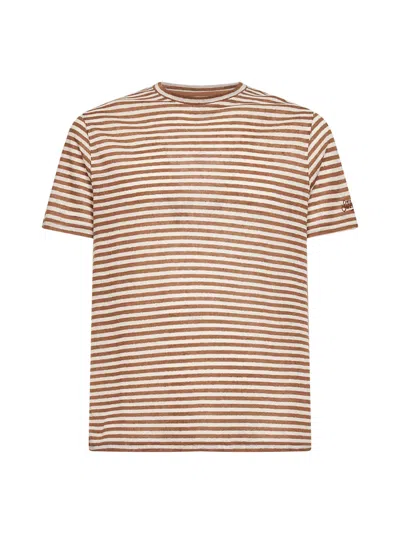 Mc2 Saint Barth Brown And Cream Striped Linen Blend Logo Embroidered Dover T-shirt