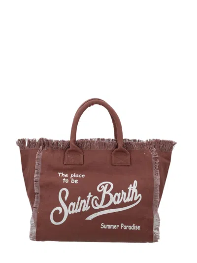 Mc2 Saint Barth Brown Fringed Script Tote Bag In Red