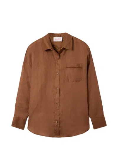 Mc2 Saint Barth Brown Linen Cristal Shirt With Perforated Embroidery