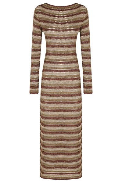 Mc2 Saint Barth Brown Robyn Striped Lurex Boat Neckline Viscose Midi Dress