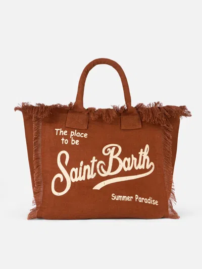 Mc2 Saint Barth Brown Vanity Linen Tote Bag With Saint Barth Logo In Orange