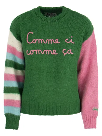 Mc2 Saint Barth Slogan-embroidered Patterned-jacquard Jumper In Green