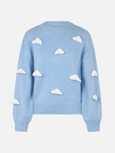 Mc2 Saint Barth Brushed Knit Sweater With Clouds Details In Blue