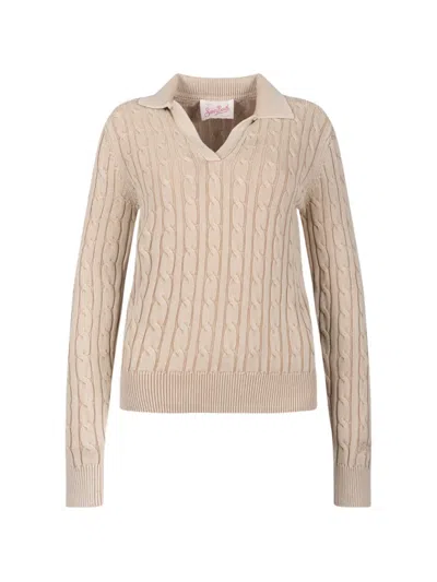 Mc2 Saint Barth Cable-knit Polo-collar Sweater In Nude