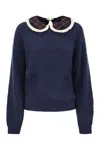 Mc2 Saint Barth Calia - Ribbed Jumper With Velvet Collar And Bow In Blue