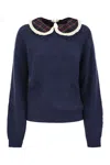 Mc2 Saint Barth Calia - Ribbed Jumper With Velvet Collar And Bow In Blue