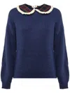 Mc2 Saint Barth Calia - Ribbed Jumper With Velvet Collar And Bow In Blue