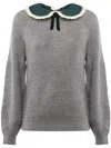 Mc2 Saint Barth Calia - Ribbed Jumper With Velvet Collar And Bow In Grey