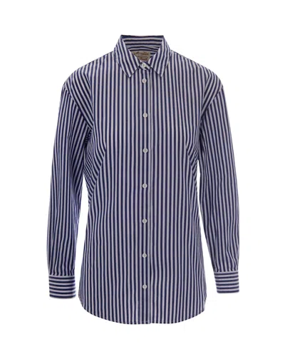 Mc2 Saint Barth Brigitte Oversized Cotton Poplin Shirt With Striped Pattern In Purple