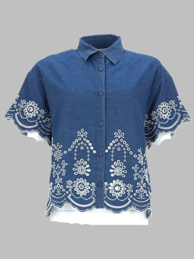 Mc2 Saint Barth Clementine Floral Embroidered Chambray Shirt In Blue
