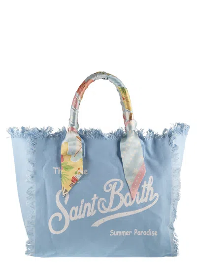 Mc2 Saint Barth Canvas Tote Bag With Scarf-wrapped Handles In Blue