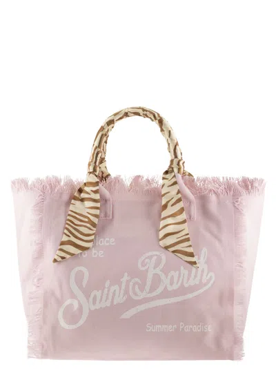 Mc2 Saint Barth Canvas Tote Bag With Scarf-wrapped Handles In Pink