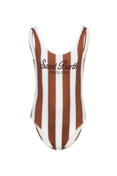 Mc2 Saint Barth Cara Brown Stripes One Piece Swimsuit In Black