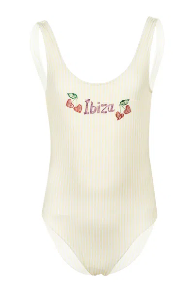 Mc2 Saint Barth Cara Ibiza Yellow Stripes One-piece Swimsuit In Neutral
