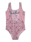 Mc2 Saint Barth Cara Pink One-piece With Logo Patch On The Rear And All-over Print In Tech Fabric Stretch Girl In Pink