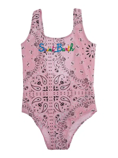 Mc2 Saint Barth Kids' Cara Pink One-piece With Logo Patch On The Rear And All-over Print In Tech Fabric Stretch Girl