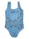 Mc2 Saint Barth Light Blue Swimsuit With Embroidered Logo On The Front And All-over Bandana Print In Tech Fabric Gir