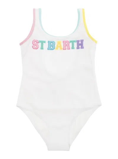 Mc2 Saint Barth Kids' Cara White One-piece Swimsuit With Logo Lettering Detail In Stretch Polyamide Woman In Multicolor