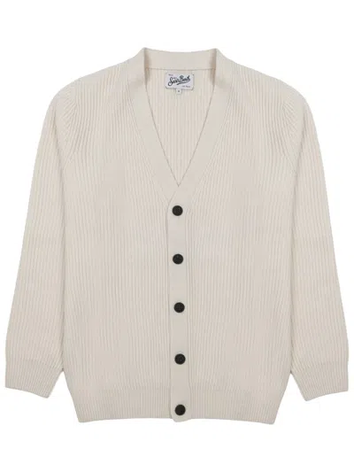 Mc2 Saint Barth Wool Cardigan Long Sleeves V Neckline In Neutral