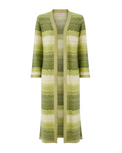Mc2 Saint Barth Fluid Knit Long Cardigan With Geometric Wave Pattern In Gold