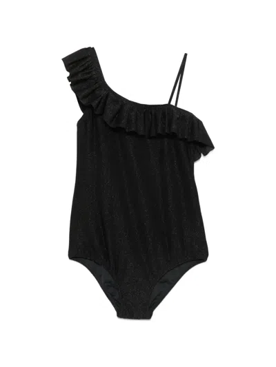 Mc2 Saint Barth Kids' Carin Ruffled One-shoulder Swimsuit In Black