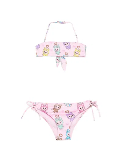 Mc2 Saint Barth Cartoon Print Tie Detail Two-piece Set For Girls In Pink