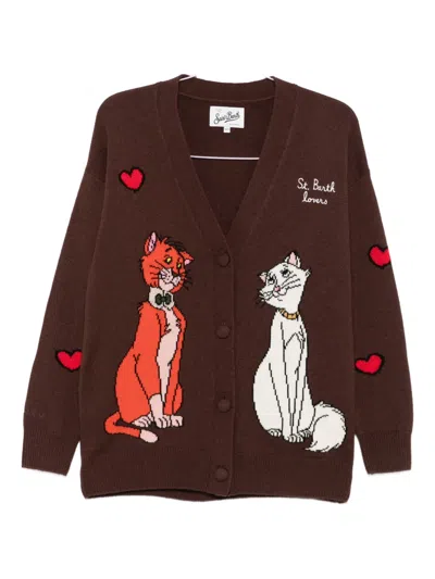 Mc2 Saint Barth Cat-intarsia Cardigan In Brown
