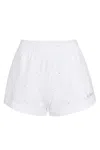 Mc2 Saint Barth Cate White Cotton Pull Up Shorts With Striped Rhinestone Embellishment In White