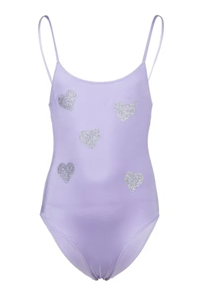 Mc2 Saint Barth Cecille Jr One-piece Shiny Swimsuit With Heart Print In Purple