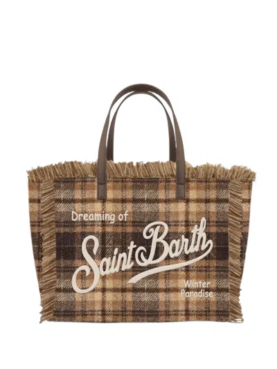 Mc2 Saint Barth Check Fringed Tote Bag In Brown