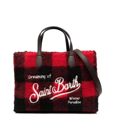 Mc2 Saint Barth Check Wool Leather Tote Handbag In Red Black In Multi