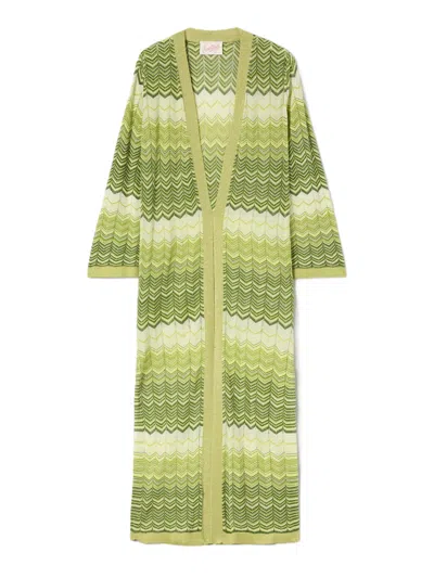 Mc2 Saint Barth Chevron Knit Long Cardigan With Three-quarter Sleeves In Green