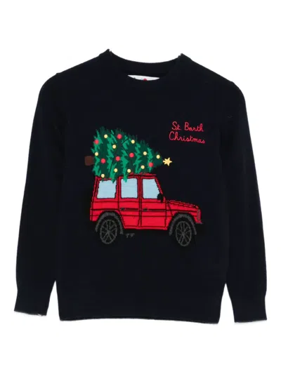 Mc2 Saint Barth Kids' Christmas Tree Car-graphic Sweater In Blue