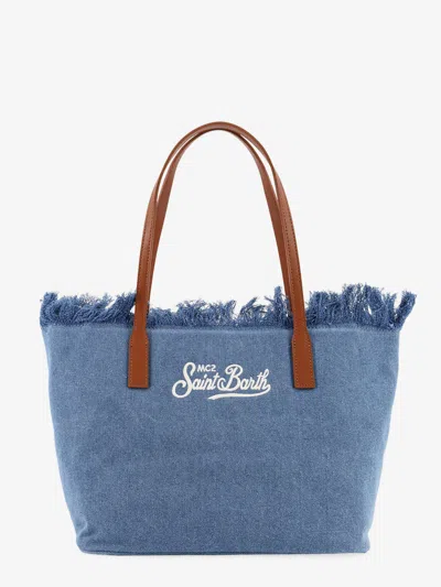 Mc2 Saint Barth City Bag Denim Shoulder Bag With Front Embroidered Logo In Blue