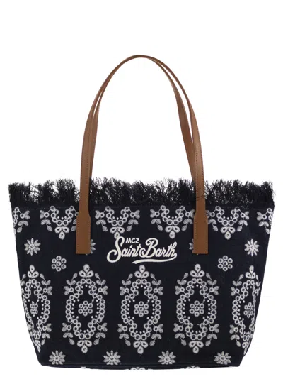 Mc2 Saint Barth City Canvas Shopper Bag With Embroidery And Logo In Blue