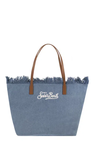 Mc2 Saint Barth City Denim Shopper Bag With Embroidered Logo In Brown