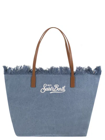 Mc2 Saint Barth City Denim Shopper Bag With Embroidered Logo In Blue