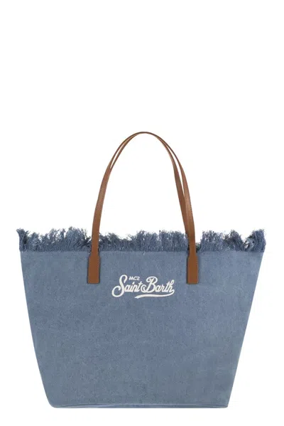 Mc2 Saint Barth City Denim Shopper Bag With Embroidered Logo In Blue