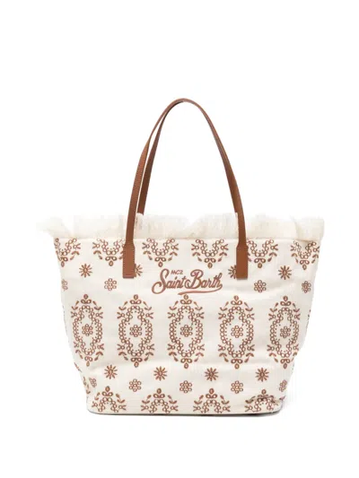 Mc2 Saint Barth City Embroidered Fringe Tote Bag In Neutral