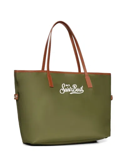 Mc2 Saint Barth Olive Green Nylon Tote Bag With Contrasting Leather Handles