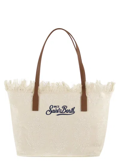 Mc2 Saint Barth City Sangallo Shopper Bag With Embroidered Logo In Cream