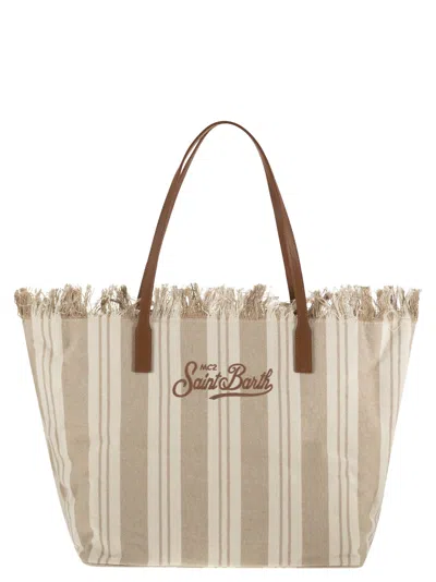Mc2 Saint Barth City Shopper Bag With Stripes And Embroidered Logo In Neutral