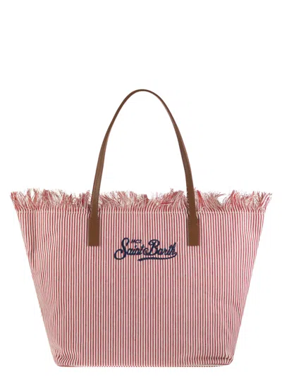 Mc2 Saint Barth City Shopper Bag With Stripes And Embroidered Logo In White