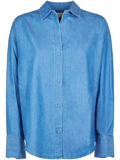 Mc2 Saint Barth Classic Button-down Chambray Shirt With Embroidered Detail In Blue